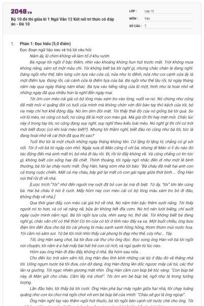 Bộ 10 đề thi giữa kì 1 Ngữ Văn 12 Kết nối tri thức có đáp án - Đề 10