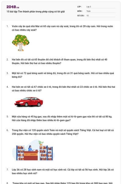 15 bài tập Tìm thành phần trong phép cộng có lời giải