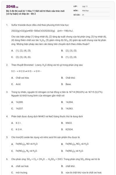 Bộ 3 đề thi cuối kì 1 Hóa 11 Kết nối tri thức cấu trúc mới (có tự luận) có đáp án - Đề 2