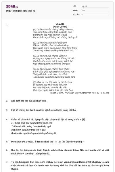 (Ngữ liệu ngoài sgk) Mùa hạ