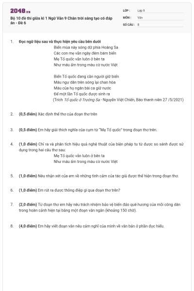 Bộ 10 đề thi giữa kì 1 Ngữ Văn 9 Chân trời sáng tạo có đáp án - Đề 6