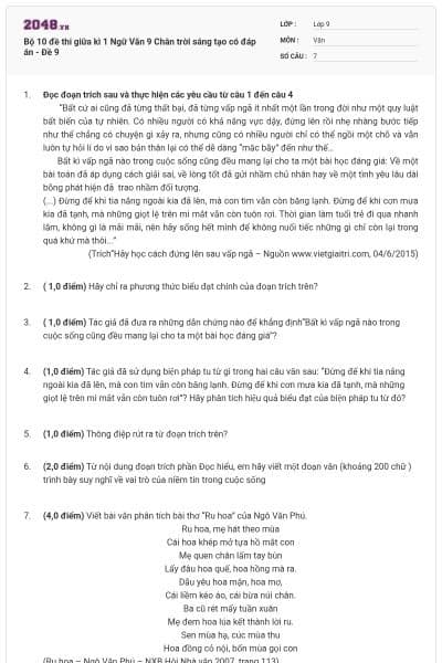 Bộ 10 đề thi giữa kì 1 Ngữ Văn 9 Chân trời sáng tạo có đáp án - Đề 9