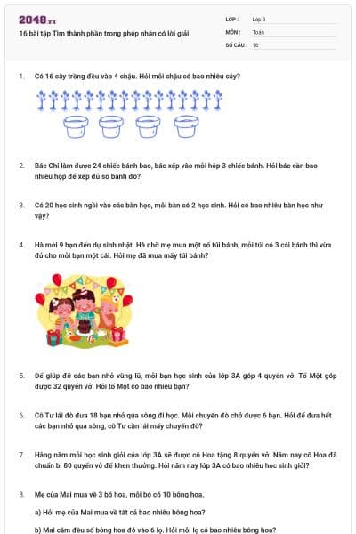 16 bài tập Tìm thành phần trong phép nhân có lời giải