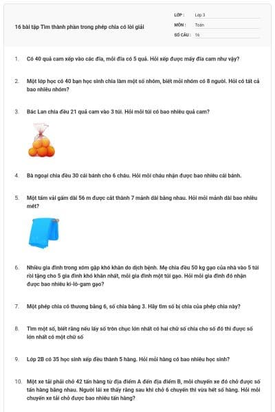 16 bài tập Tìm thành phần trong phép chia có lời giải