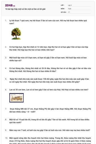 16 bài tập Gấp một số lên một số lần có lời giải