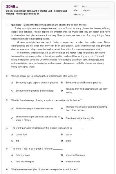 20 câu trắc nghiệm Tiếng Anh 9 Starter Unit - Reading and Writing - Friends plus có đáp án