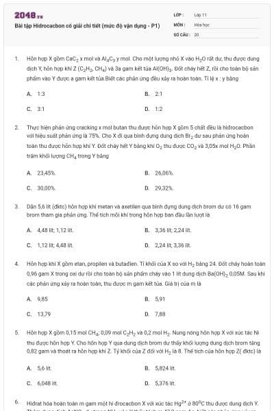 Bài tập Hidrocacbon có giải chi tiết (mức độ vận dụng - P1)
