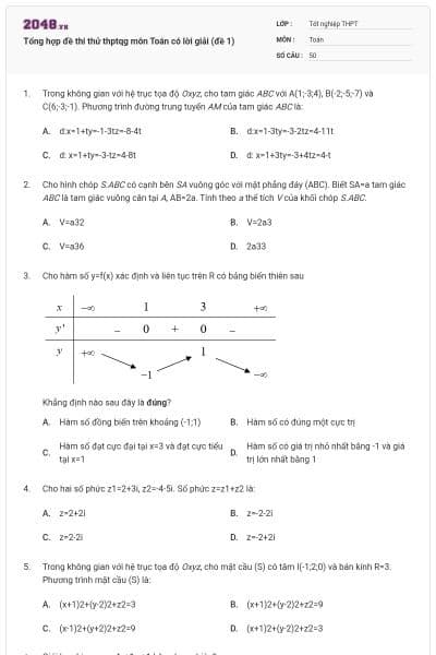 Tổng hợp đề thi thử thptqg môn Toán có lời giải (đề 1)