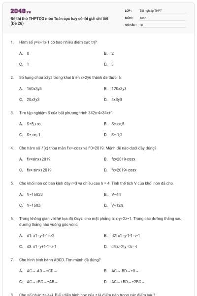 Đề thi thử THPTQG môn Toán cực hay có lời giải chi tiết (Đề 26)
