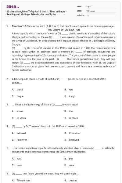 20 câu trắc nghiệm Tiếng Anh 9 Unit 1. Then and now - Reading and Writing - Friends plus có đáp án