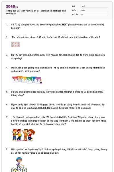 12 bài tập Bài toán rút về đơn vị - Bài toán có hai bước tính có lời giải