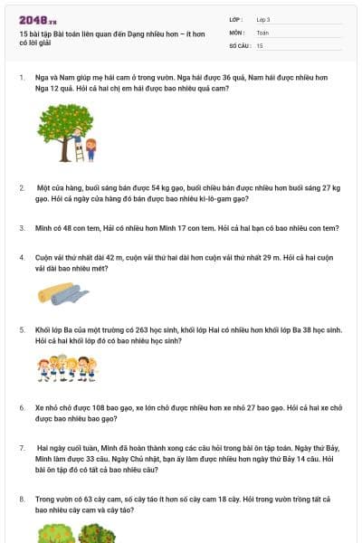 15 bài tập Bài toán liên quan đến Dạng nhiều hơn – ít hơn có lời giải