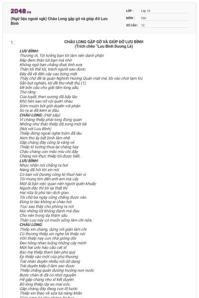 (Ngữ liệu ngoài sgk) Châu Long gặp gỡ và giúp đỡ Lưu Bình