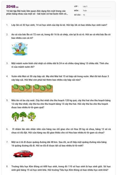 16 bài tập Bài toán liên quan đến dạng tìm một trong các phần bằng nhau của một số - bài toán có hai bước tính có lời giải