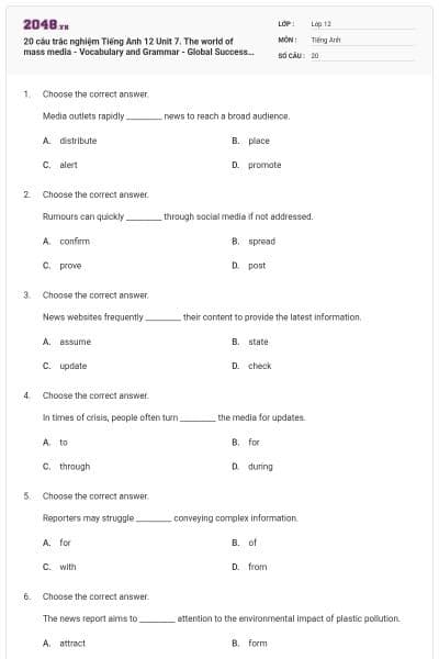 20 câu trắc nghiệm Tiếng Anh 12 Unit 7. The world of mass media - Vocabulary and Grammar - Global Success có đáp án
