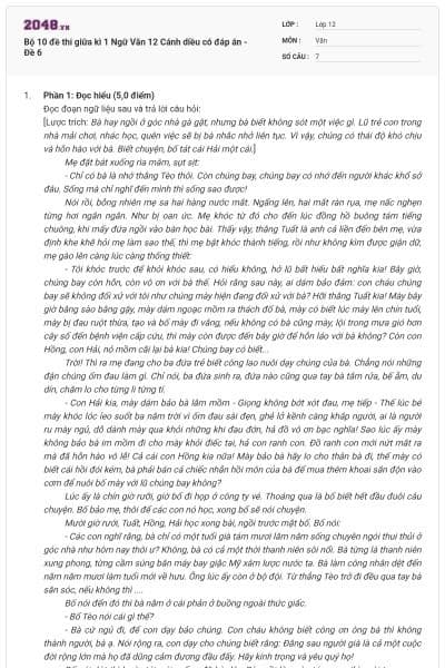 Bộ 10 đề thi giữa kì 1 Ngữ Văn 12 Cánh diều có đáp án - Đề 6