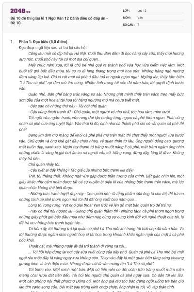 Bộ 10 đề thi giữa kì 1 Ngữ Văn 12 Cánh diều có đáp án - Đề 10