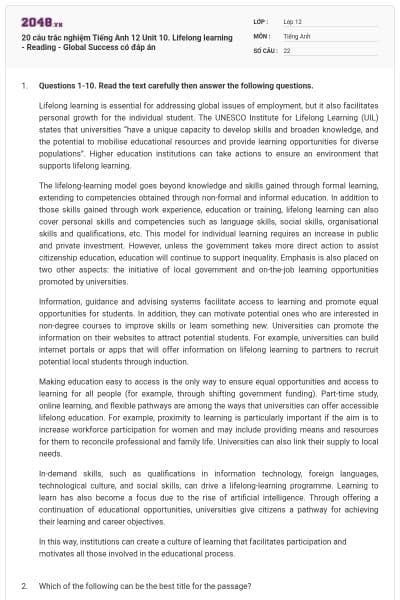 20 câu trắc nghiệm Tiếng Anh 12 Unit 10. Lifelong learning - Reading - Global Success có đáp án