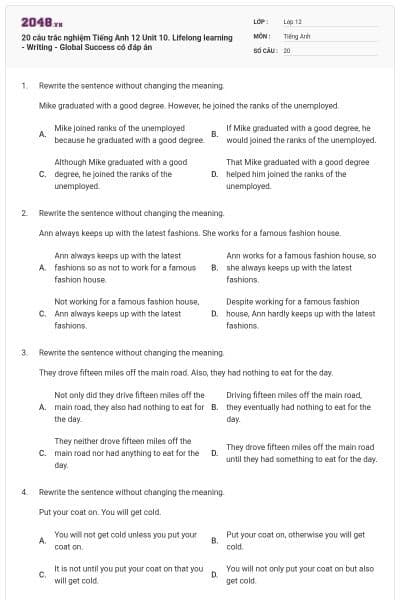 20 câu trắc nghiệm Tiếng Anh 12 Unit 10. Lifelong learning - Writing - Global Success có đáp án