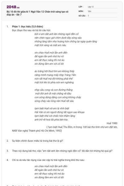 Bộ 10 đề thi giữa kì 1 Ngữ Văn 12 Chân trời sáng tạo có đáp án - Đề 7