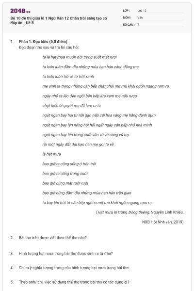Bộ 10 đề thi giữa kì 1 Ngữ Văn 12 Chân trời sáng tạo có đáp án - Đề 8