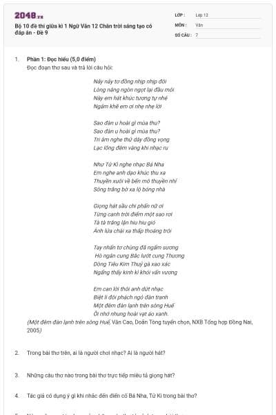 Bộ 10 đề thi giữa kì 1 Ngữ Văn 12 Chân trời sáng tạo có đáp án - Đề 9