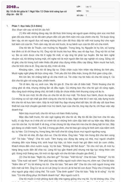 Bộ 10 đề thi giữa kì 1 Ngữ Văn 12 Chân trời sáng tạo có đáp án - Đề 10