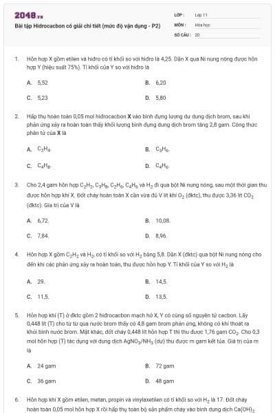 Bài tập Hidrocacbon có giải chi tiết (mức độ vận dụng - P2)