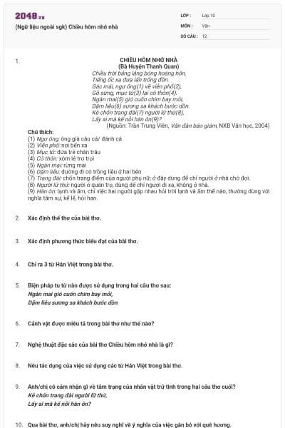 (Ngữ liệu ngoài sgk) Chiều hôm nhớ nhà