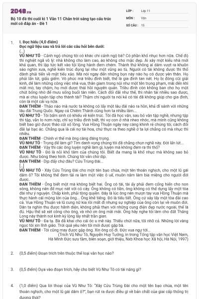 Bộ 10 đề thi cuối kì 1 Văn 11 Chân trời sáng tạo cấu trúc mới có đáp án - Đề 1