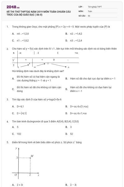 ĐỀ THI THỬ THPTQG NĂM 2019 MÔN TOÁN CHUẨN CẤU TRÚC CỦA BỘ GIÁO DỤC ( Đề 8)