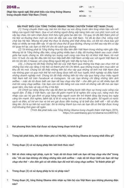 (Ngữ liệu ngoài sgk) Bài phát biểu của tổng thống Obama trong chuyến thăm Việt Nam (Trích)