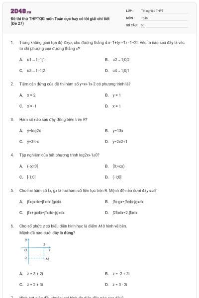 Đề thi thử THPTQG môn Toán cực hay có lời giải chi tiết (Đề 27)