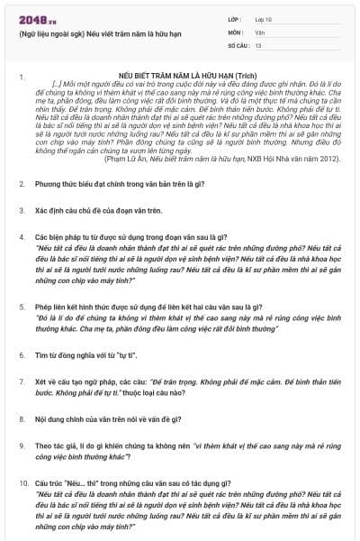 (Ngữ liệu ngoài sgk) Nếu viết trăm năm là hữu hạn