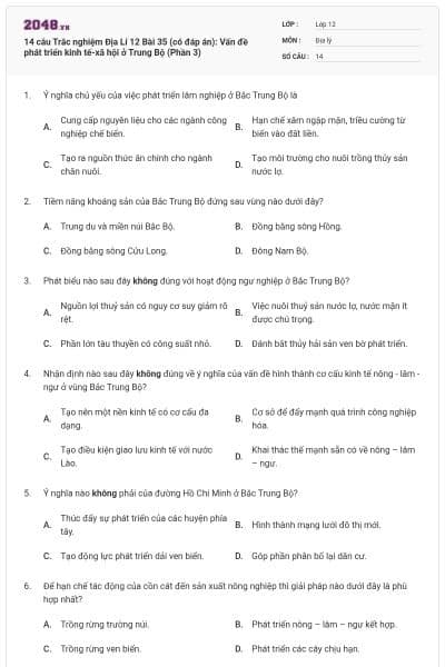 14 câu Trắc nghiệm Địa Lí 12 Bài 35 (có đáp án): Vấn đề phát triển kinh tế-xã hội ở Trung Bộ (Phần 3)