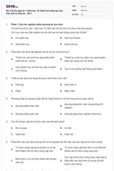 Bộ 3 đề thi giữa kì 1 Sinh học 10 Chân trời sáng tạo cấu trúc mới có đáp án - Đề 1