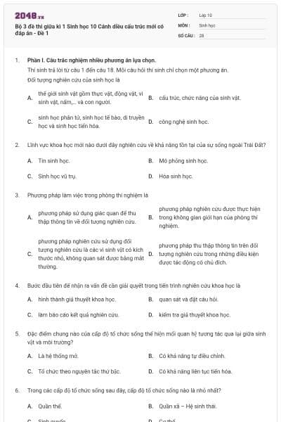 Bộ 3 đề thi giữa kì 1 Sinh học 10 Cánh diều cấu trúc mới có đáp án - Đề 1