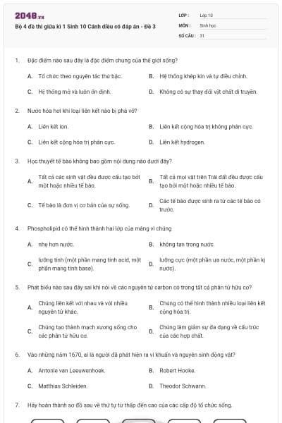 Bộ 4 đề thi giữa kì 1 Sinh 10 Cánh diều có đáp án - Đề 3