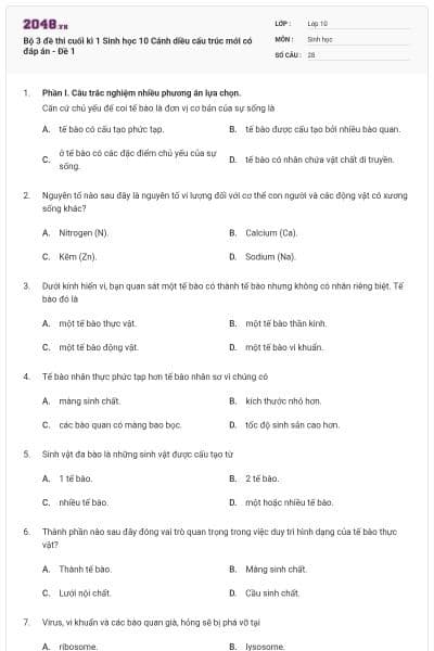 Bộ 3 đề thi cuối kì 1 Sinh học 10 Cánh diều cấu trúc mới có đáp án - Đề 1
