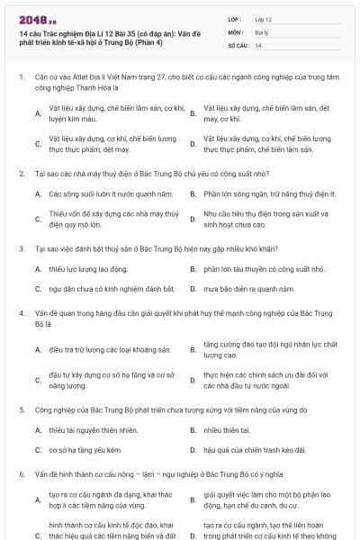 14 câu Trắc nghiệm Địa Lí 12 Bài 35 (có đáp án): Vấn đề phát triển kinh tế-xã hội ở Trung Bộ (Phần 4)