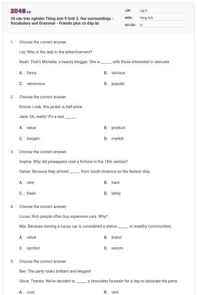 20 câu trắc nghiệm Tiếng Anh 9 Unit 3. Our surroundings - Vocabulary and Grammar - Friends plus có đáp án
