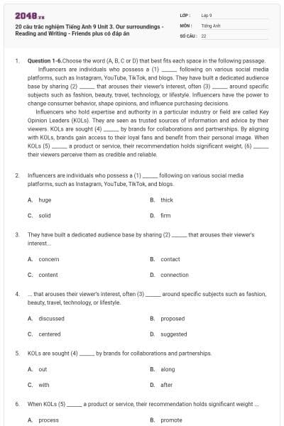 20 câu trắc nghiệm Tiếng Anh 9 Unit 3. Our surroundings - Reading and Writing - Friends plus có đáp án