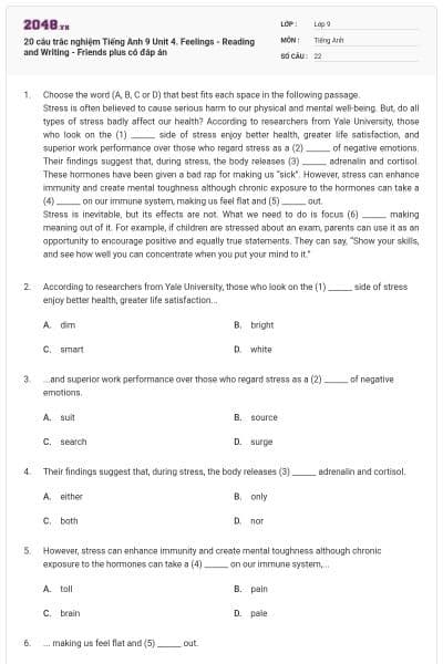 20 câu trắc nghiệm Tiếng Anh 9 Unit 4. Feelings - Reading and Writing - Friends plus có đáp án