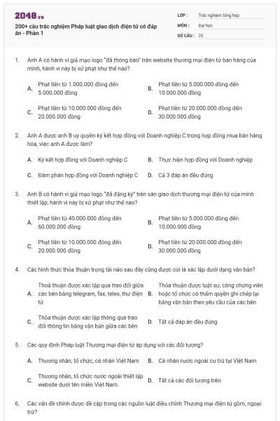 200+ câu trắc nghiệm Pháp luật giao dịch điện tử có đáp án - Phần 1