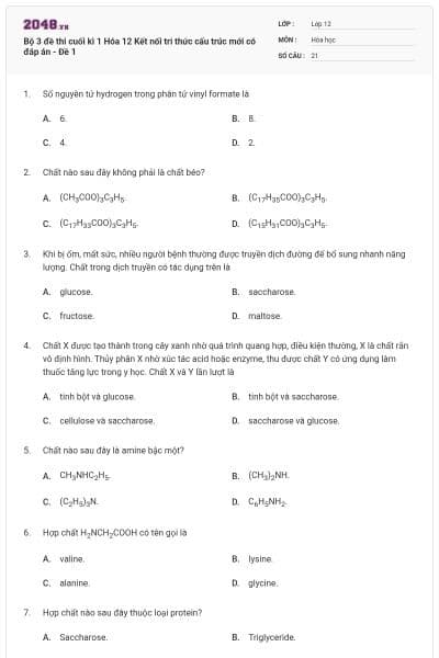 Bộ 3 đề thi cuối kì 1 Hóa 12 Kết nối tri thức cấu trúc mới có đáp án - Đề 1