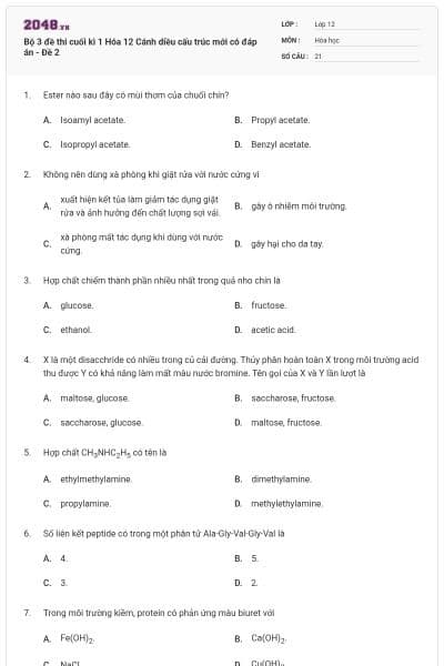 Bộ 3 đề thi cuối kì 1 Hóa 12 Cánh diều cấu trúc mới có đáp án - Đề 2