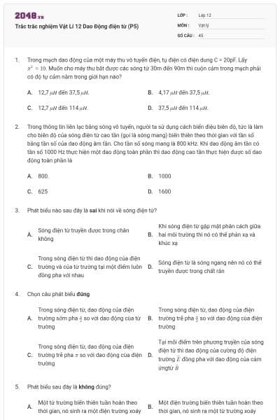Trắc trắc nghiệm Vật Lí 12 Dao Động điện từ (P5)