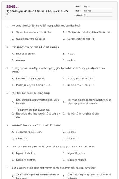 Bộ 3 đề thi giữa kì 1 Hóa 10 Kết nối tri thức có đáp án - Đề 3