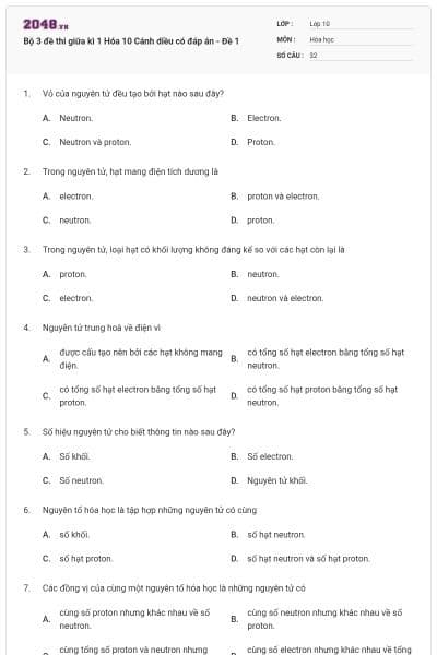 Bộ 3 đề thi giữa kì 1 Hóa 10 Cánh diều có đáp án - Đề 1
