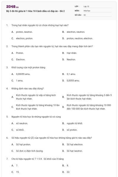 Bộ 3 đề thi giữa kì 1 Hóa 10 Cánh diều có đáp án - Đề 2